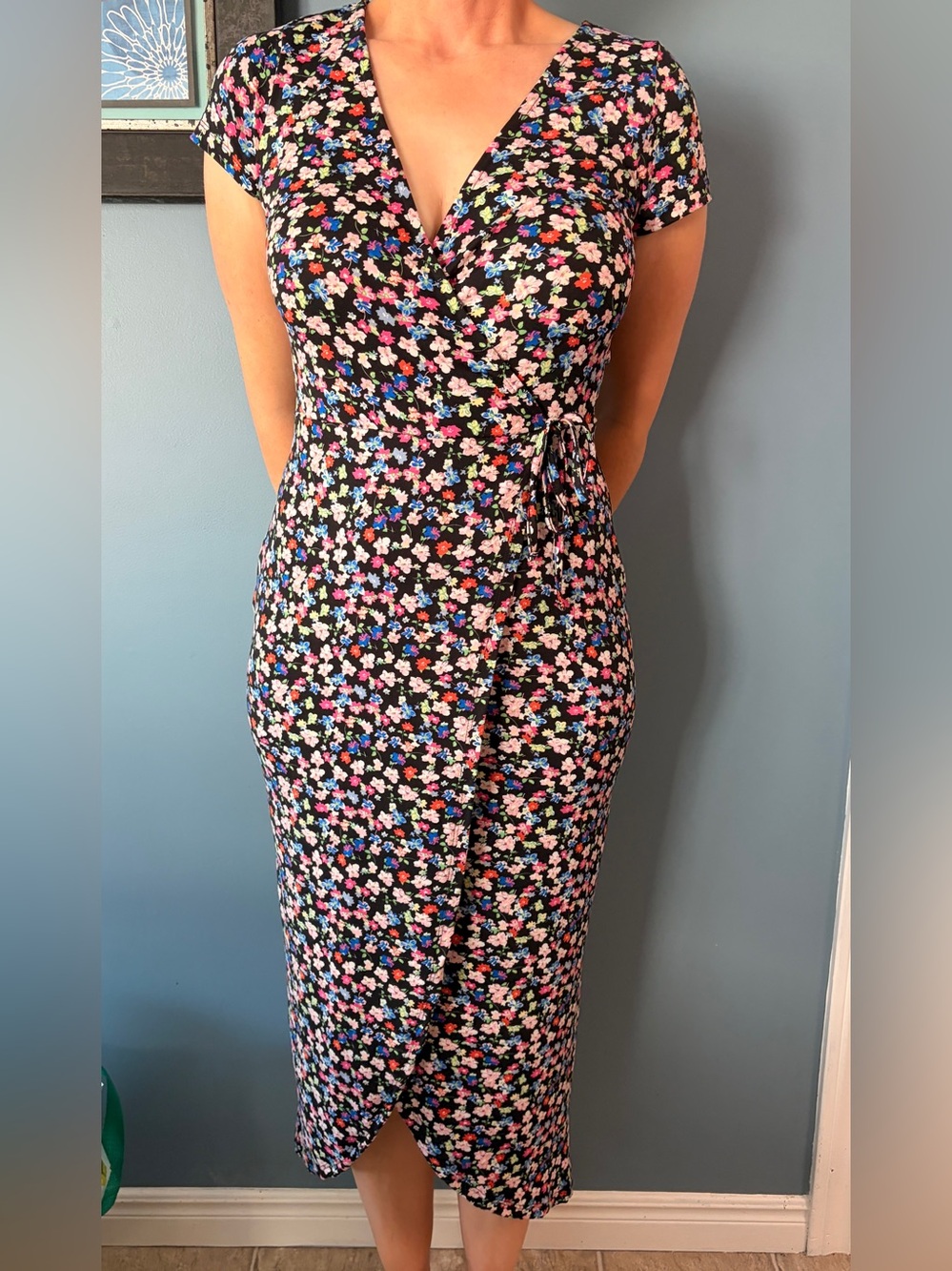Rebel Sugar Black Midi Dress with Pink, Blue & White Floral Print